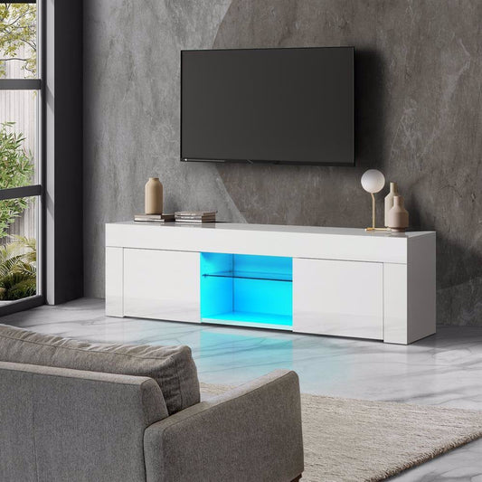 TV Cabinet Entertainment Unit Stand RGB LED Gloss White 130cm.